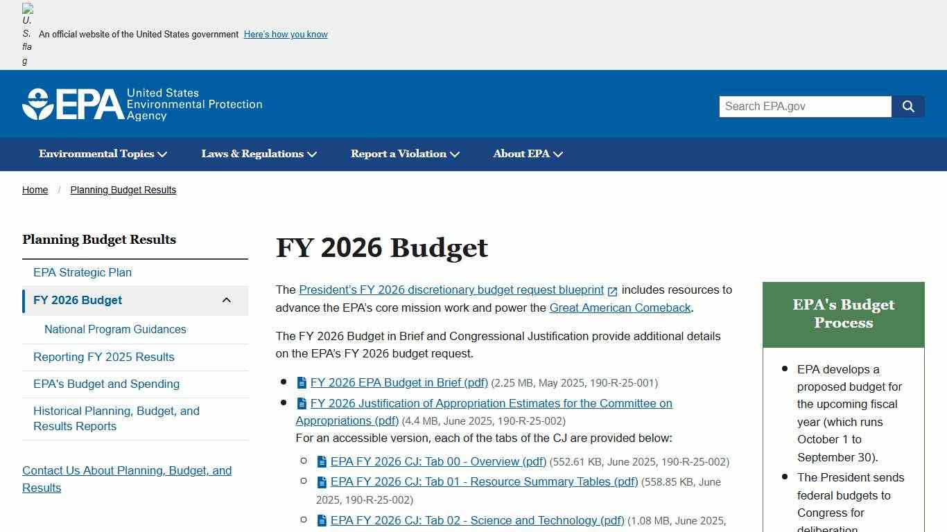 FY 2026 Budget US EPA